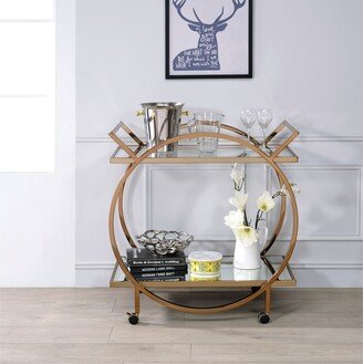 Metal Serving Cart with Mirrored Open Shelf and Tubular Angled Handles, Gold and Clear - 35.25 H x 19 W x 33 L Inches