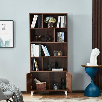 IGEMAN Walnut 68''H Wood Standing Bookshelf 2 Doors Bookcase with Adjustable Metal Legs