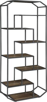 Rustic Industrial Staggered 6-Shelf Bookcase in Brown And Dark Grey