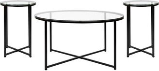 Emma and Oliver Clear Glass Table Set with Matte Black X Metal Frame-Coffee Table-2 End Tables