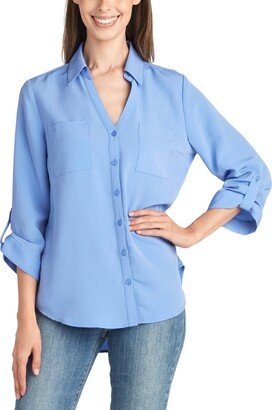 Juniors' Button-Front Roll-Sleeve Textured Shirt