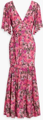 Gathered floral-print jacquard maxi dress