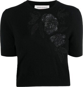 ERMANNO FIRENZE rose-embroidered fine-knit T-shirt