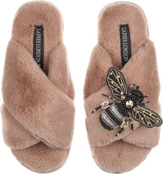 Laines London Classic Laines Slippers With Black & Gold Bee Brooch - Toffee