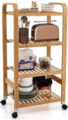 4-Tier Bamboo Mobile Kitchen Serving Trolley Cart with Storage Shelf and Lockable Casters-Natural - 19 x 13 x 38