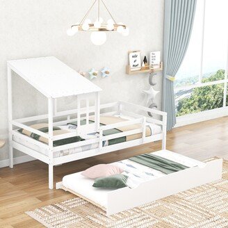 Calnod Twin Size Low Loft House Bed with Trundle, Roof and Window Design