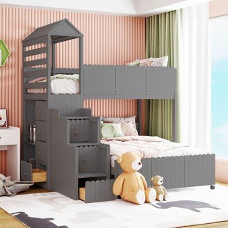 EYIW Twin over Full Size Solid Wood Bunk Bed with Storage Staircase, Drawers and Open Shelves