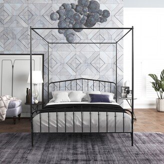 EDWINRAY Queen Size Anti-Noise Metal Detachable Canopy Bed with Stylish Headboard