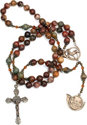 Saint Hubert Bronze Heirloom Catholic Rosary, Patron Of Hunters, Handmade Gemstone Rosary Beads Made With Red Creek Jasper
