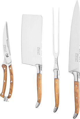 4-Piece Connoisseur Laguiole Professional Chef Knife Set with Olive Wood Handles
