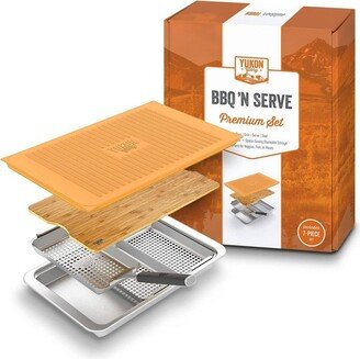 BBQ 'N SERVE Premium Set, Includes 3 Grill Baskets, Serving Tray, Bamboo Cutting Board, Plastic Lid and Clip-on Handle