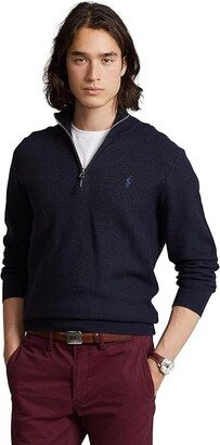 Mesh-Knit Cotton 1/4 Zip Sweater (Navy Heather) Men's Clothing