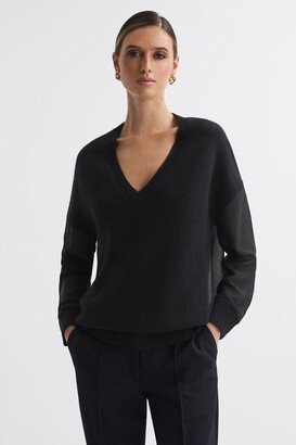 Hybrid Knit and Sheer V-Neck Jumper