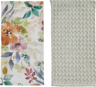 Amber Floral Printed Dishtowel and Blue Mist Waffle Weave Dishcloth Bundle of 2