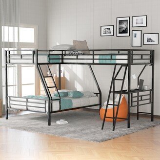 EDWINRAY Twin Over Full Metal Bunk Bed with Twin Loft Bed Attached, Steel Bedframe with Desk, Guardrail & Ladder for Kids Bedroom, Black