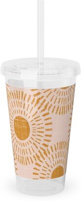 Travel Mugs: Sunburst - Pale Pink And Burnt Orange Acrylic Tumbler With Straw, 16Oz, Pink