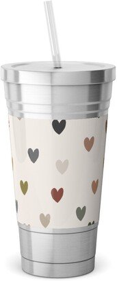 Travel Mugs: Earthy Colored Hearts - Multi Muted Stainless Tumbler With Straw, 18Oz, Beige