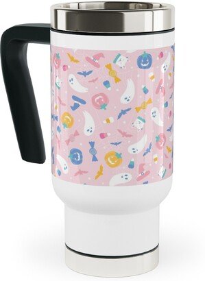 Travel Mugs: Pastel Halloween Happy Ghosts And Candy Corn Travel Mug With Handle, 17Oz, Pink