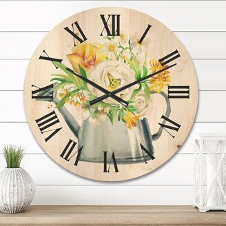 Designart 'Roses Peonies & Marigolds In Garden Watering Can' Farmhouse Wood Wall Clock