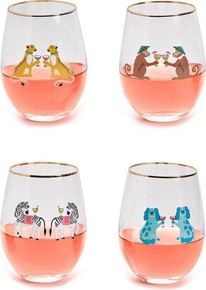 Two's Company Set Of 4 Animal Party Stemless Wine Glasses