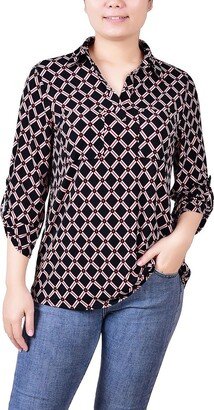 Petites Womens Printed Collar Blouse