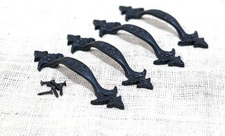 4 Cast Iron Handles, Bin Pulls, Door Drawer Cupboard Black Hardware, 6 1/2