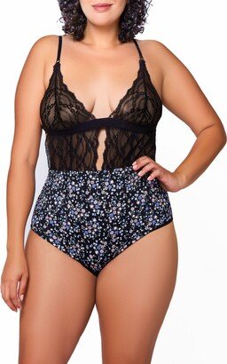 Plus Size Jasmine Lace and Printed Spandex Teddy - Navy, Black