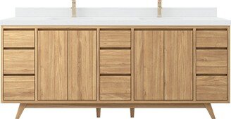 84 In. W X 22 D Madison Teak Double Sink Bathroom Vanity in Light Natural With Quartz Or Marble Countertop | Mid Century Modern