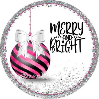 Merry & Bright Sign, Christmas Wreath Black Hot Pink Metal Harlequin Ornament Sign