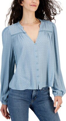Juniors' V-Neck Button-Front Long-Sleeve Top