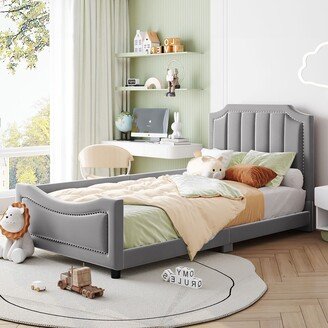 Joliwing Twin Size Kid Platform Bed,Velvet Upholstered With Classic Stripe Shaped Headboard,Grey