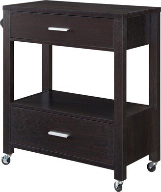 2 Drawer Wooden Kitchen Cart with Casters and 1 Open Shelf, Dark Brown