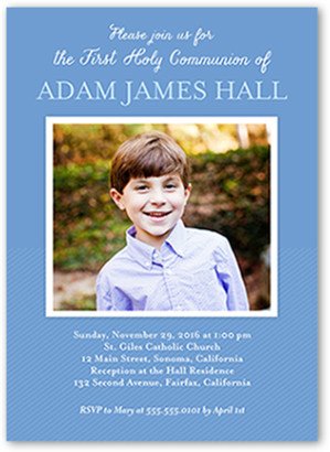 First Communion Invitations: Perfectly Framed Boy Communion Invitation, Blue, Signature Smooth Cardstock, Square