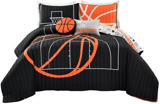 Basketball Game 5 Piece Quilt Set for Kids, Full/Queen - Black, Orange