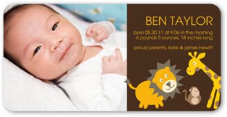 Baby Boy Birth Announcements: Safari Friends Cocoa Birth Announcement, Brown, Signature Smooth Cardstock, Rounded