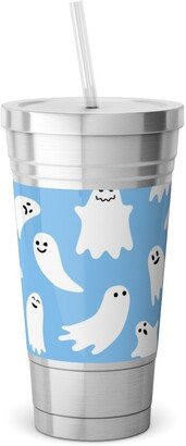 Travel Mugs: Cute Ghosts - Blue Stainless Tumbler With Straw, 18Oz, Blue