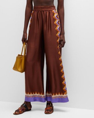 Abstract Foulard-Print Wide-Leg Silk Palazzo Pants