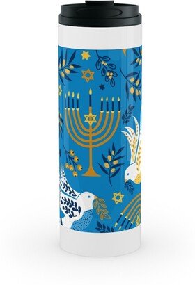 Travel Mugs: Hanukkah Birds Menorahs - Light Blue Stainless Mug, White, 16Oz, Blue