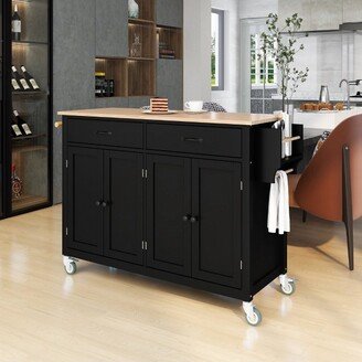 54.3 Inch Width Kitchen Island Cart with Solid Wood Top, 4 Door Cabinet, Two Drawers, Spice Rack and Locking Wheels Black