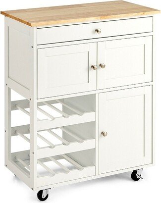 Rolling Kitchen Island Serving Cart Storage Cabinet w/ Wine Rack White