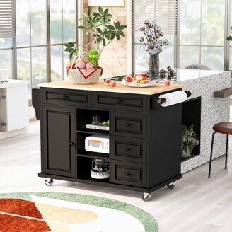EDWINRAY Dinning Room Kitchen Island with Rubber Wood Desktop Rolling Mobile Kitchen Cart with Storage and 5 Drawers