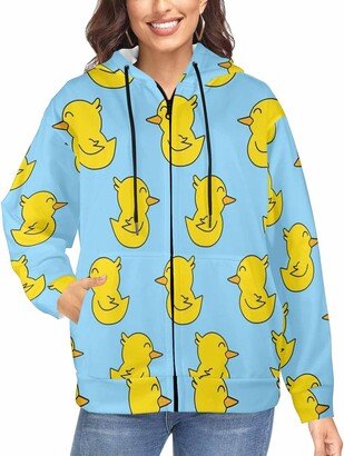 LOSARON Graphic of Yellow Cute Duck Women's Fall Outfits Oversized Sweaters Zipper Drawstring Hooded Jackets with Thumb Holes 2XL