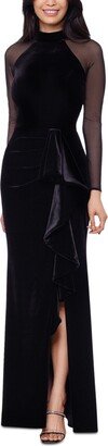 Women's Sheer-Sleeve Velvet Leg-Slit Gown