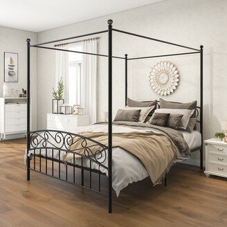 CTEX Queen Size Metal Canopy Bed with Underneath 12 Storage Space and Ornate European Style Headboard