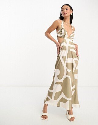 satin halter plunge bust midi dress with cut out waist detail in brown geo print