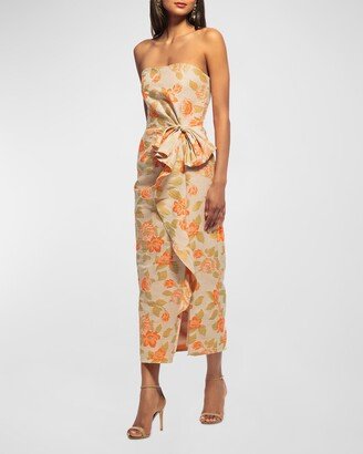 Strapless Draped Floral Jacquard Midi Dress