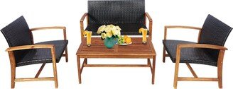 4PCS Outdoor Patio Rattan Furniture Set Acacia Wood Frame Sofa - 4-Piece Sets