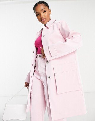 cargo pocket detail vinyl faux leather coat in pink - part of a set