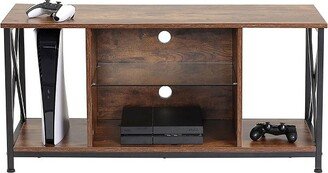 KSWIN Entertainment Gaming Center Media Console TV Stand for 50 Inch TV with Open Shelves and RGB LED Strip Lights, Rustic Brown