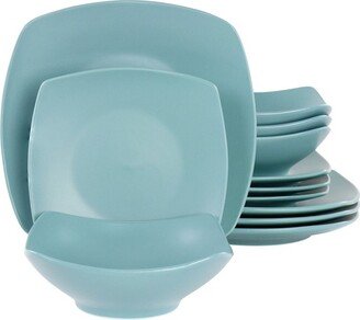 Home Zen Buffetware 12 Piece Square Fine Ceramic Dinnerware Set in Matte Arctic Blue